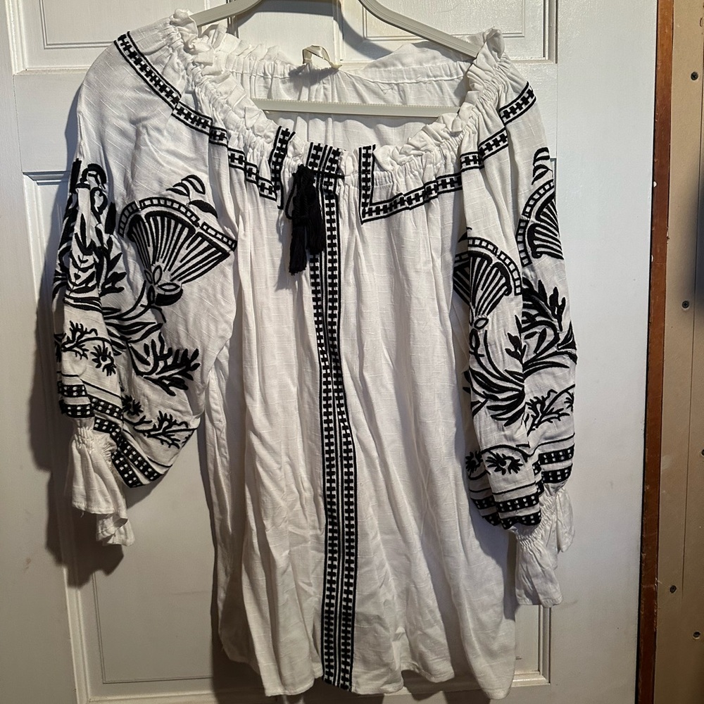 White Peasant Blouse with Black Embroidered Detail